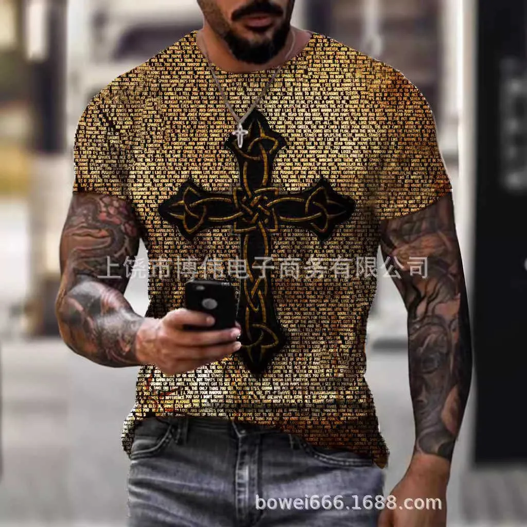 Summer New Cross 3D Digital Print Street Hip Hip Slim Fit T-shirt męski