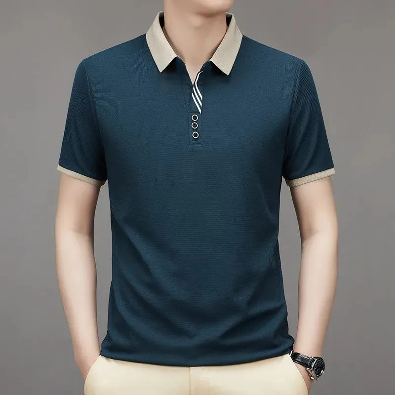 Рубашки-поло мужские деловые нормальные с коротким рукавом в полоску классические эластичные футболки для гольфа работа летняя корейская однотонная одежда 240321