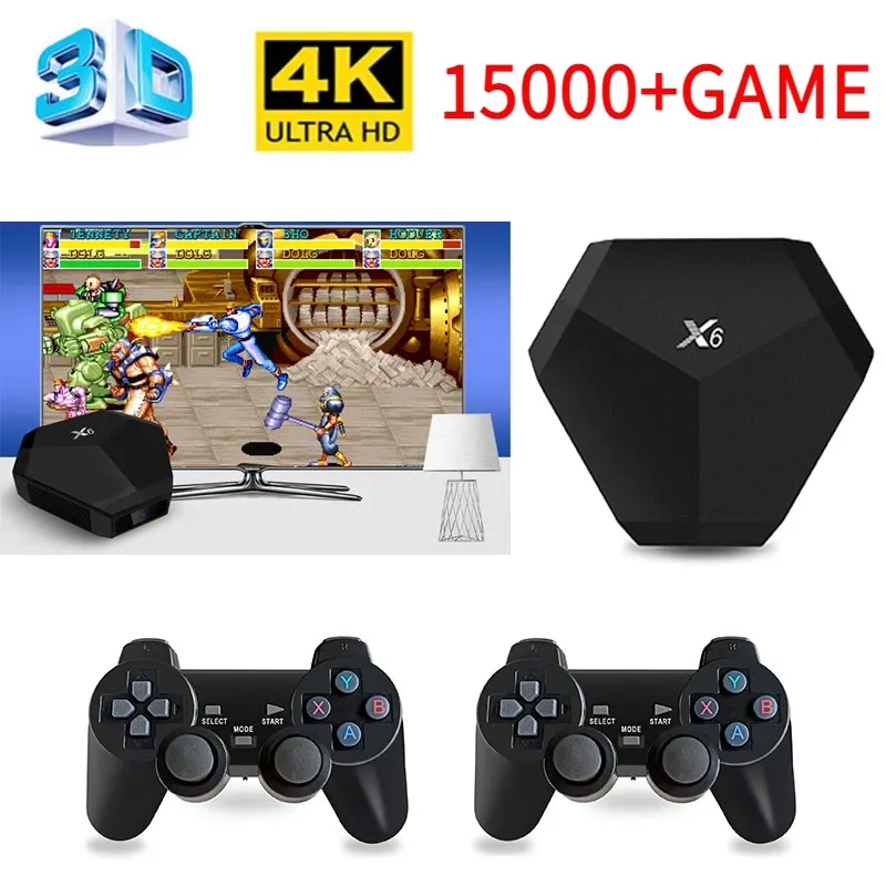 Consoles X6 Games Box Game Console HD 4K 3D HDMI med dubbel trådlös spelkontroll 15000 spel 64 GB Classic Retro Game