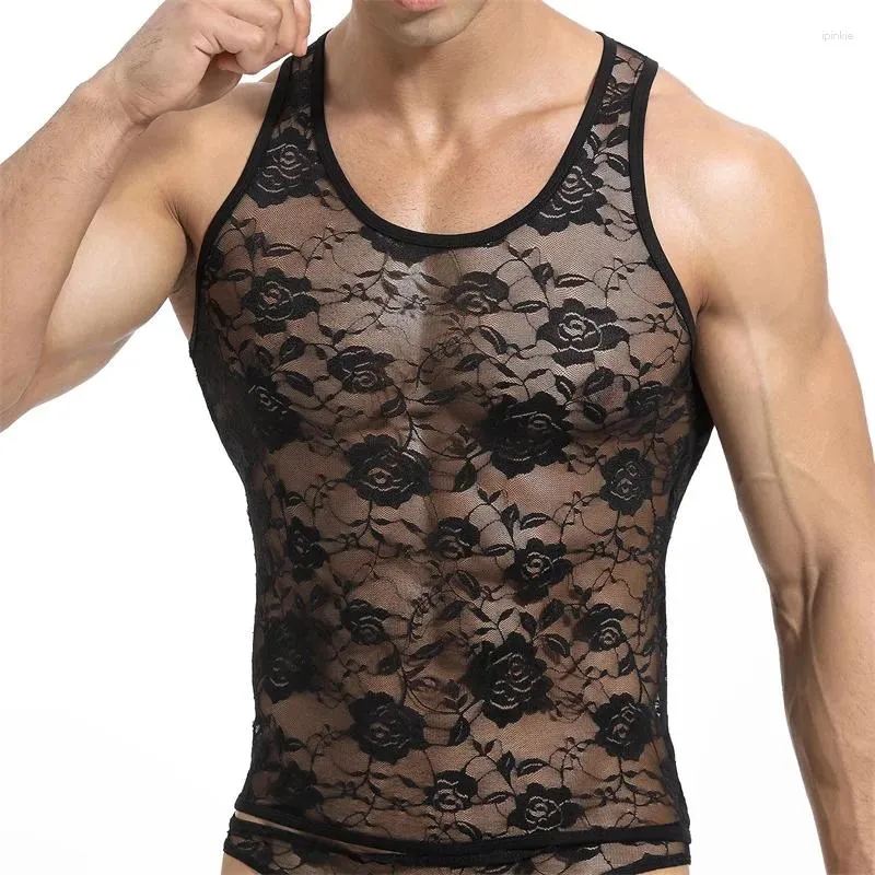 ブラスセットnvzhuang men s sheer meshタンクトップレースのノースリーブラウンドネックスルムフィットベストアンダーシャツストリート