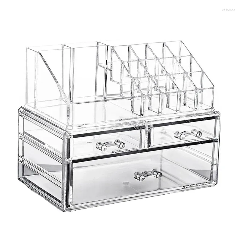 Boîtes de rangement Organisateur de maquillage transparent transparent avec 3 tiroirs amovibles des supports de rouge à lèvres supérieurs Améliorez votre commode de salle de bain