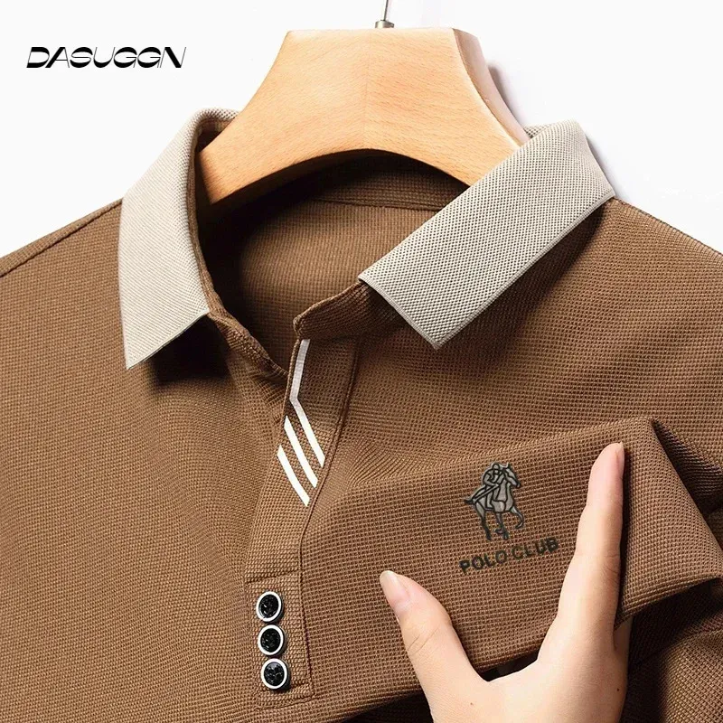 Business Casual Cool, oddychający tkanina Mężczyźni Lapel Polo Shirt Długie rękawie projektant mody Tops Tshirt M4XL 240401