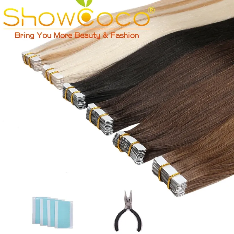Extensions ShowCoco ruban adhésif dans les cheveux humains 40 pièces adhésif 100% Remy cheveux raides 1624 pouces Extensions de ruban naturel Invisible