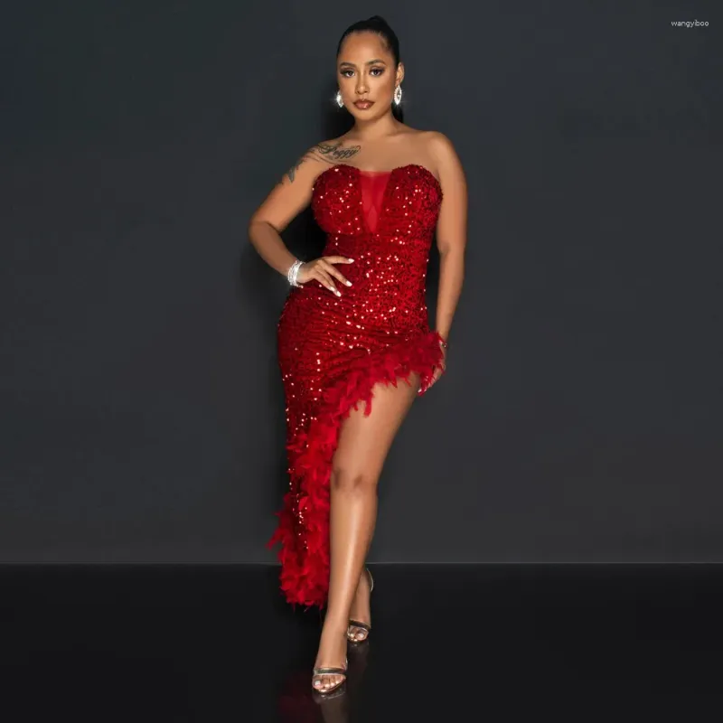 Strapless Long Sequin Dress: Womens Sequined Feather Bodycon Midi