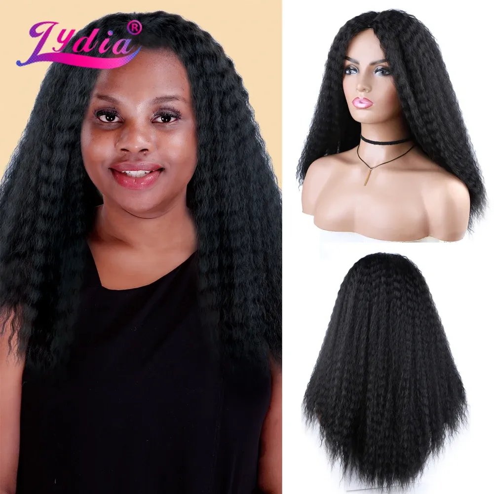 Peruker lydia lång kinky rak syntetiska hår peruker för afroamerikanska kvinnor huvudlinje svart 1822 tum kanekalon afro peruk