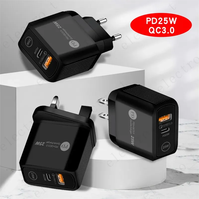 PD 25W Type-C Quick Charger QC3.0 적응 형 빠른 충전 USB C 휴대폰 듀얼 포트 벽 이동 요금 iPhone 충전기 15 14 13 Ro Max X 8 7 Plus 및 Samsung S22 S21