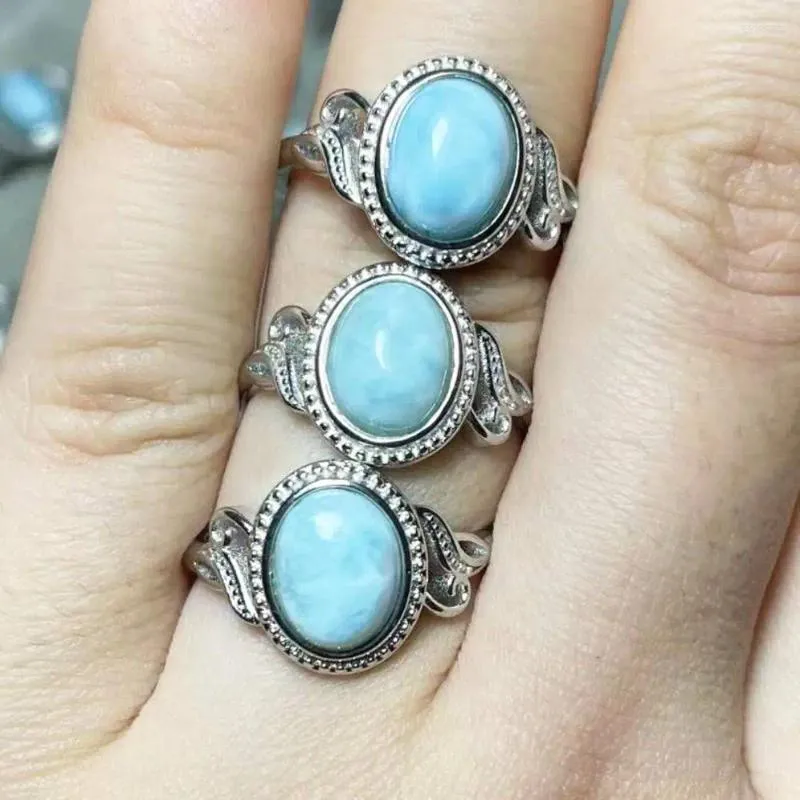 Cluster Rings 3rings Natural Dominica Larimar Adjustable Ring White Copper For Women Gift Stone Size Approx7 9mm