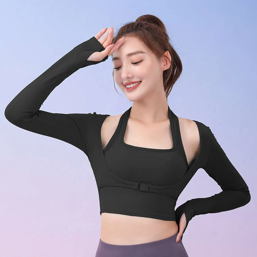 Cou suspendu, pas besoin de porter de soutien-gorge, combinaison de yoga, faux haut de sport amincissant en deux pièces, séchage rapide sans couture absorbant les chocs, port externe de vêtements de fitness