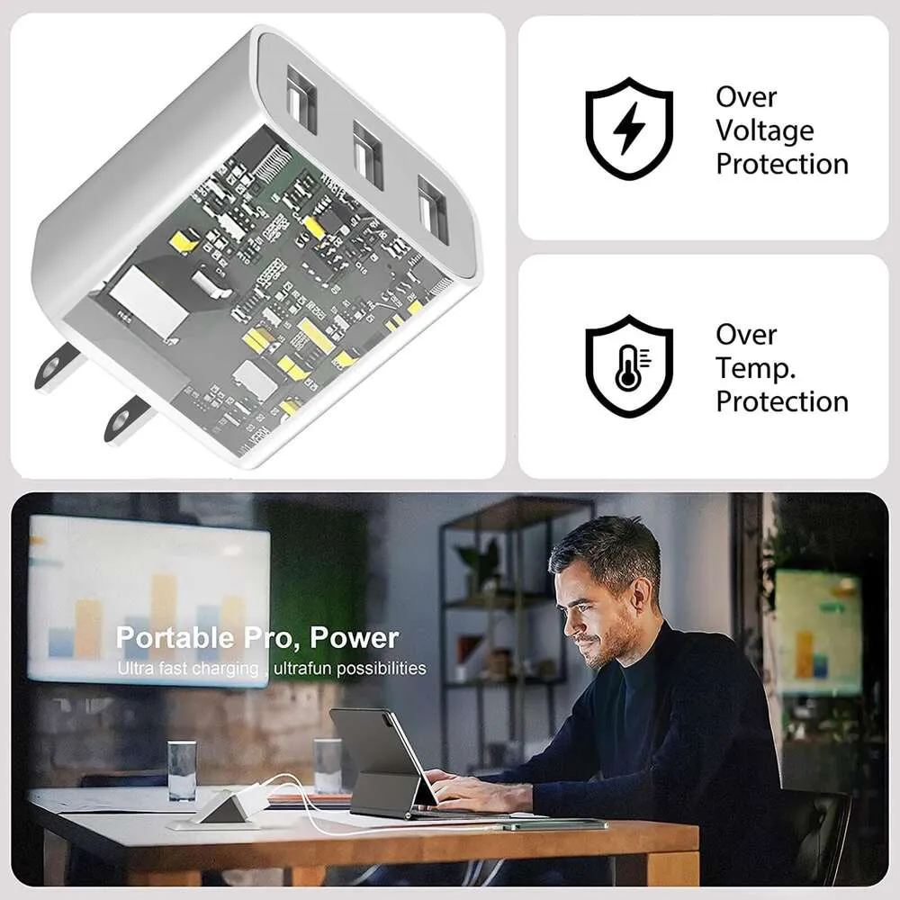 3-delad 3-port USB-laddningsblockväggadapter för iPhone och Samsung Galaxy