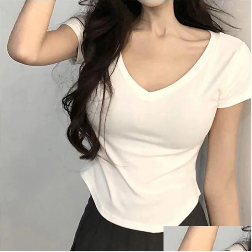 T-shirt da donna T-shirt Summer Girls Y con scollo a V a maniche corte T-shirt 2024 Casual Slim Short Irregar Hem Bottoming Shirt White Top Dro Dh4Jb