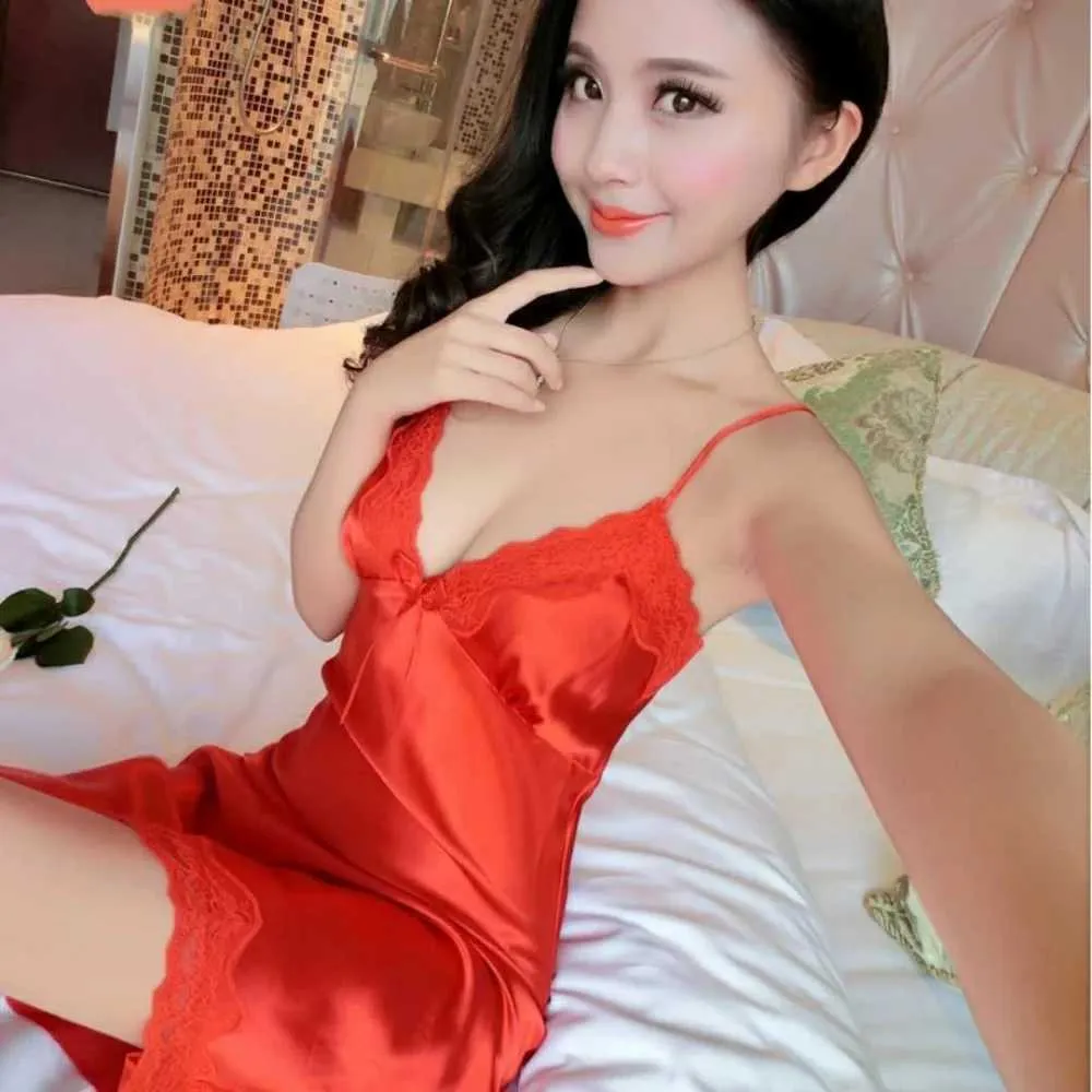 597J seksowne piżamę seksowne kobiety solidne kolory głębokie w koronkowym wykończeniu jedwabna sukienka szlafrok