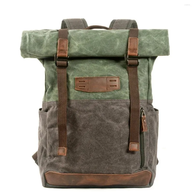 Backpack Genuine Leather Canvas Waxed Vintage Style Men Travel Hiking Rucksack Waterproof Large Capacity Laptop Bag