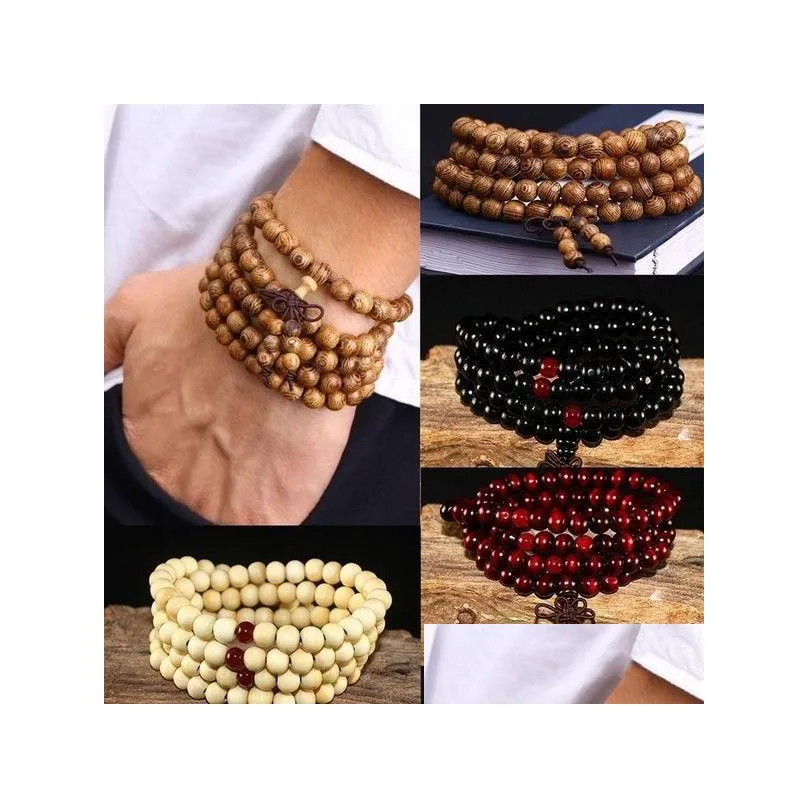 Bracelets de charme 108 perles 8mm bois de santal naturel bouddhiste bouddha bois prière noeud perlé noir ébène unisexe hommes bracelets bracelets pour otnym