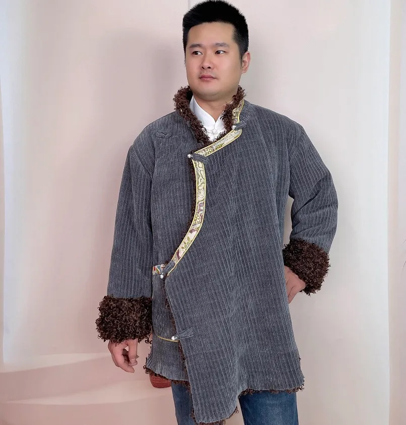 Tibetan Mens Corduroy Ethnic Coat With Faux Fur Trim From