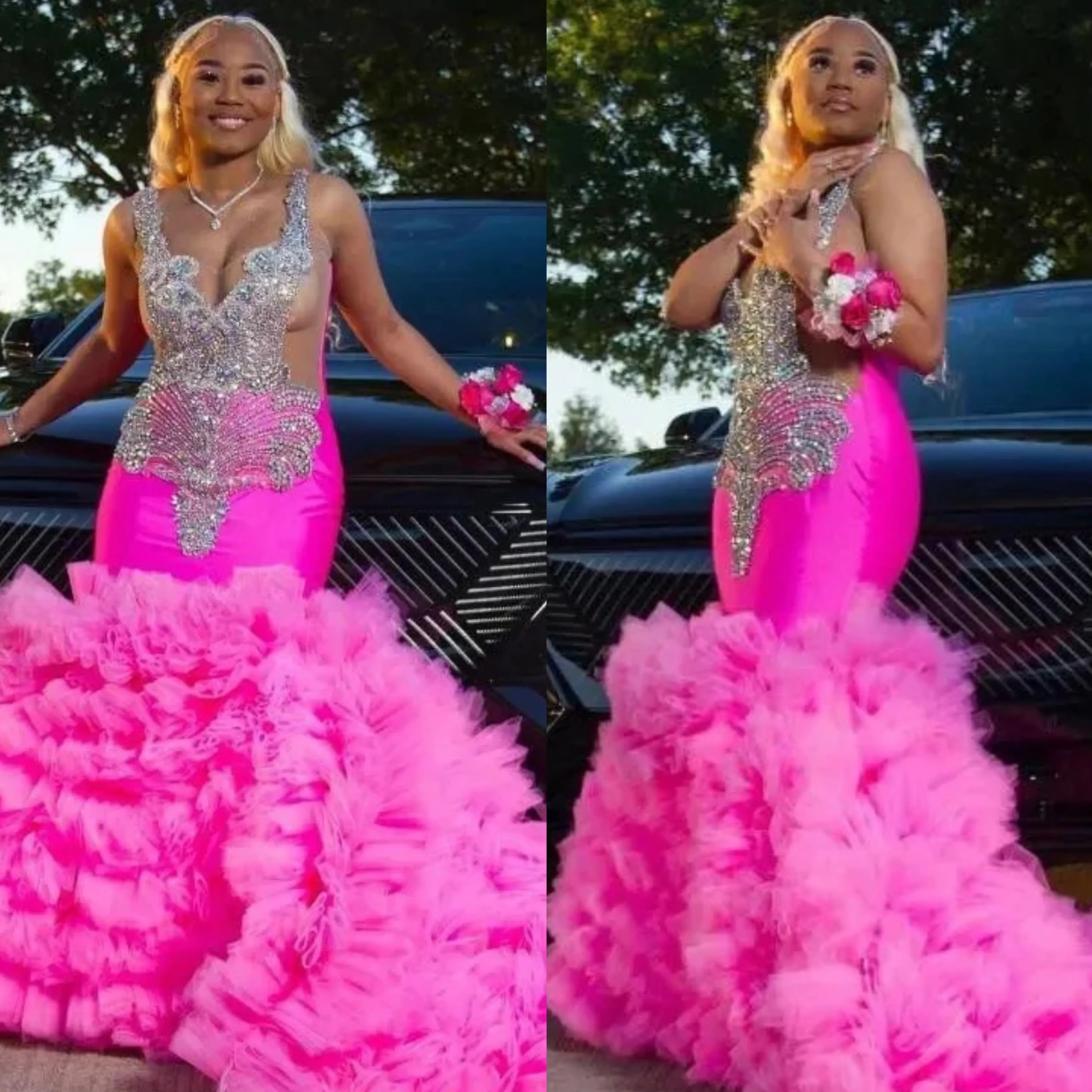 Superbe robe de bal sirène rose Barbie pour femmes noires, robes de soirée formelles en cristal perlé, robes africaines froncées à plusieurs niveaux élégantes pour les occasions spéciales