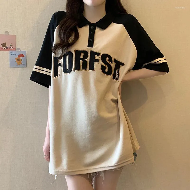 Women's T Shirts Design Oversize College Slouchy Short Sleeve T-shirt Summer 2024 Raglan Lapel Top Plus Size Tshirts Women