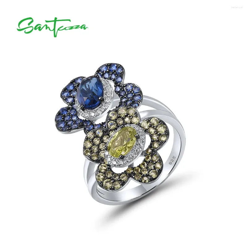 Cluster Rings SANTUZZA Silver For Women 925 Sterling Sparkling Blue Green Stones Twin Flower Stylish Special Trendy Fine Jewelry