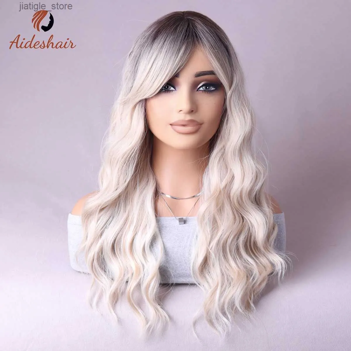 Pelucas sintéticas AIDSHAIR Europeo y American Fashion Grey Gray Highlights Wavy Wig Wig de 26 pulgadas Cabeza completa Y240401