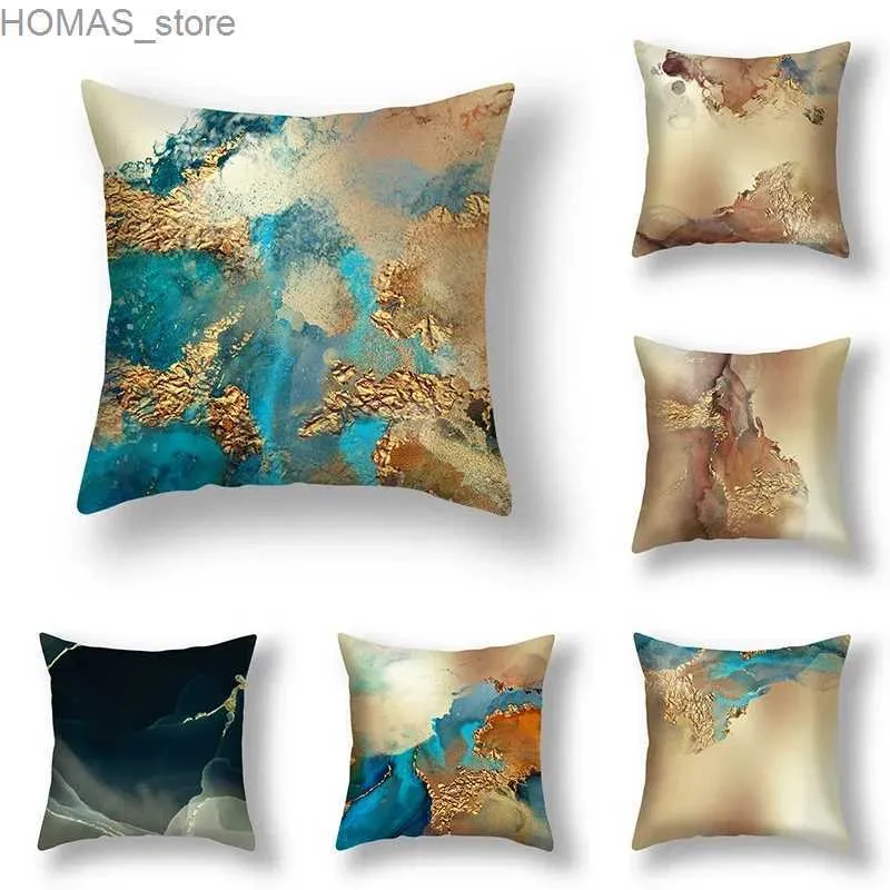 Pillow Case 45x45cm Nordic ins abstract gold blue marble print cushion cover sofa office seat lumbar home decoration Y240407