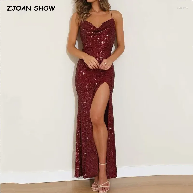 Robes décontractées Sexy Vin Brillant Paillettes Rouges Dos Nu Midi Longue Robe À Bretelles Femmes Ourlet Haute Slit Paquet Hanches Robe De Fête Vert Abricot