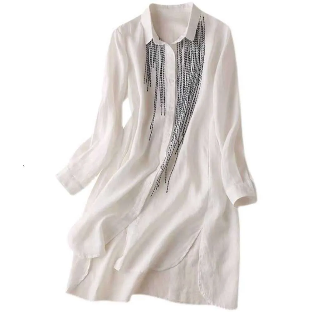 2600 # 2024 Spring New Linen Shirt Women's Long Sleeved Brodered White Shirt Long Cardigan Cotton Linen Top