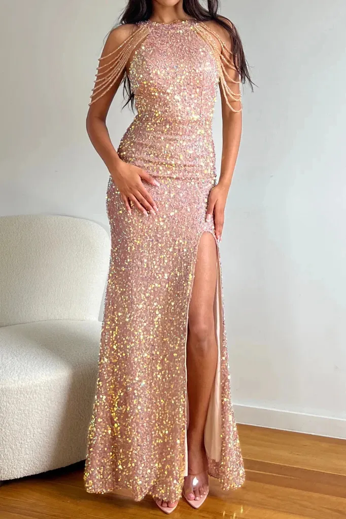 Yidingzs Off Axel Beading Gold Sequin Dress Long Party Women Sexig kväll 240401