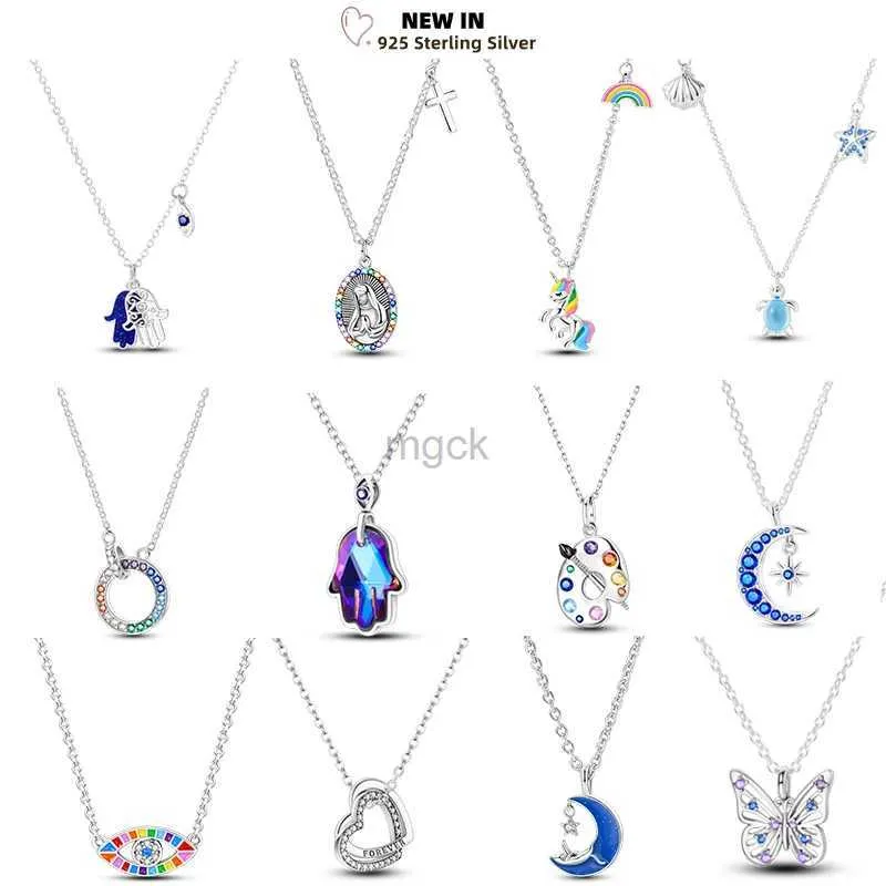 Pendant Necklaces 925 Sterling Silver Blue Devil Eyes Palm Original Necklace Unicorn Overlap Round Sparkling Pendant For Women Luxury Jewelry Gift 240330