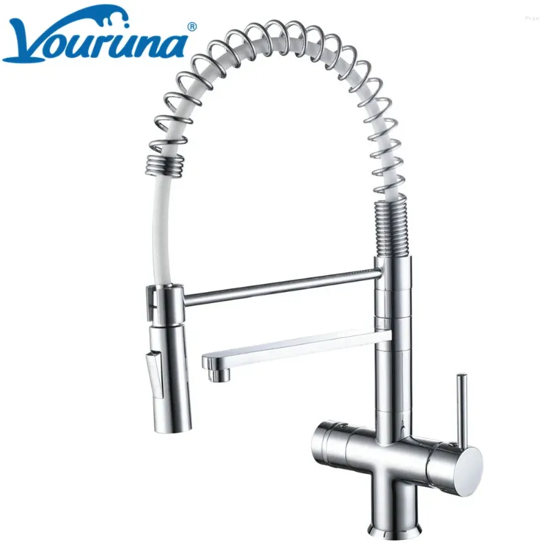 Keukenkranen VOURUNA Schoon Water Kraan Met Sproeier Zwanenhals Pull Down Sink Mixer Massief Messing 3 Weg Filter Kranen