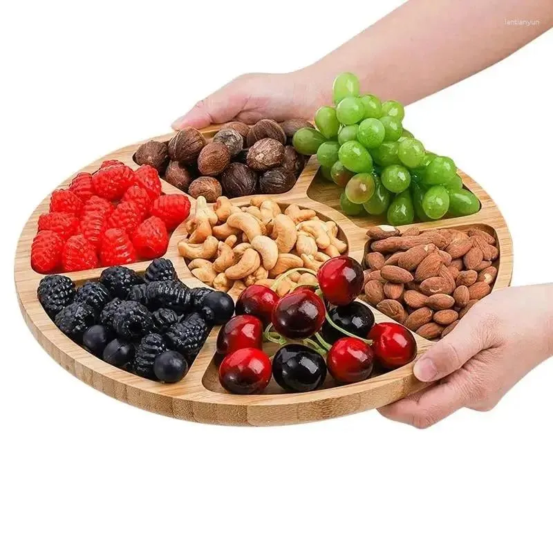 Plates Wooden Divided Serving Trays Tray With 5 Dining Grids Round Dishes Perfect For Parties Snack Ceramic