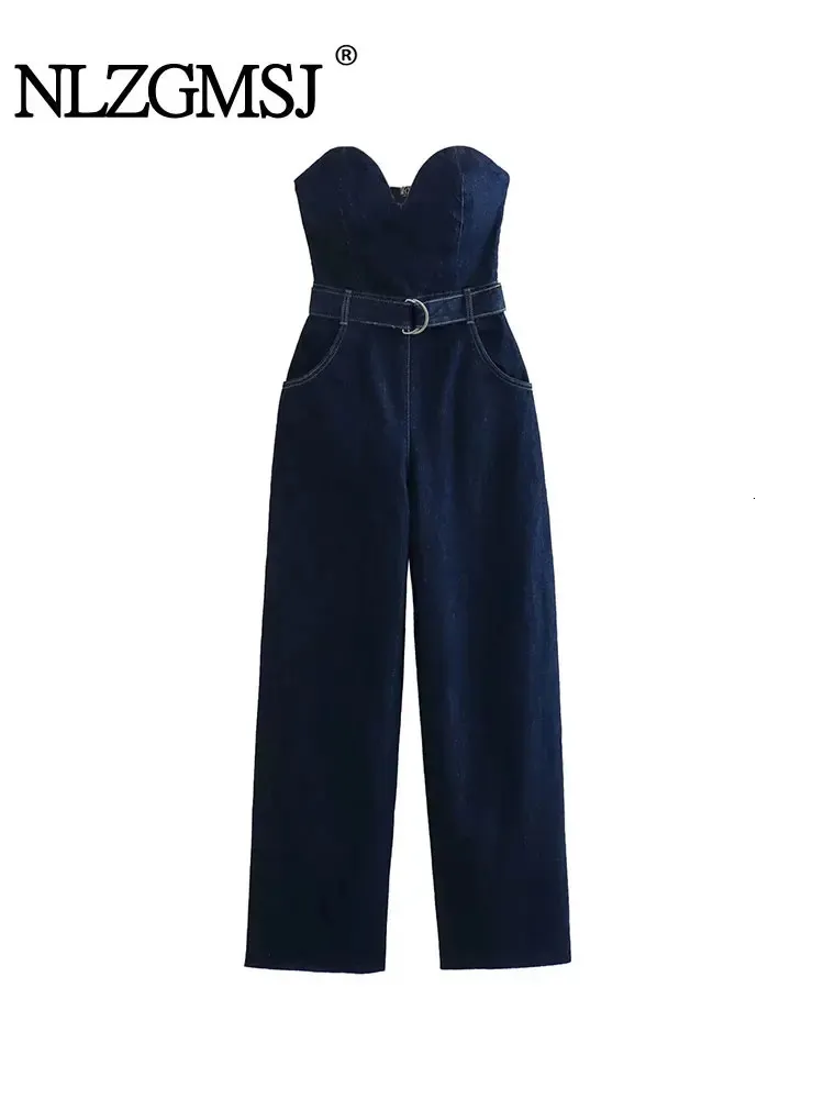 Nlzgmsj TRAF Denim Jumpsuit For Women Strapless Sleeveless High Waist Solid Wide Leg Pants Female Clothes Streetwear 240326