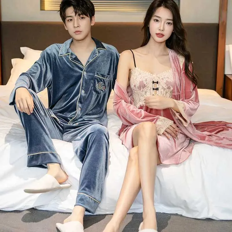 6R86 Sexy Pajamas Autumn Winter Velvet Couple de couple AMOURS PAJAMAS FEMMES VELOR ROBE SEXE VOIRS SEMBRES Men de nuit