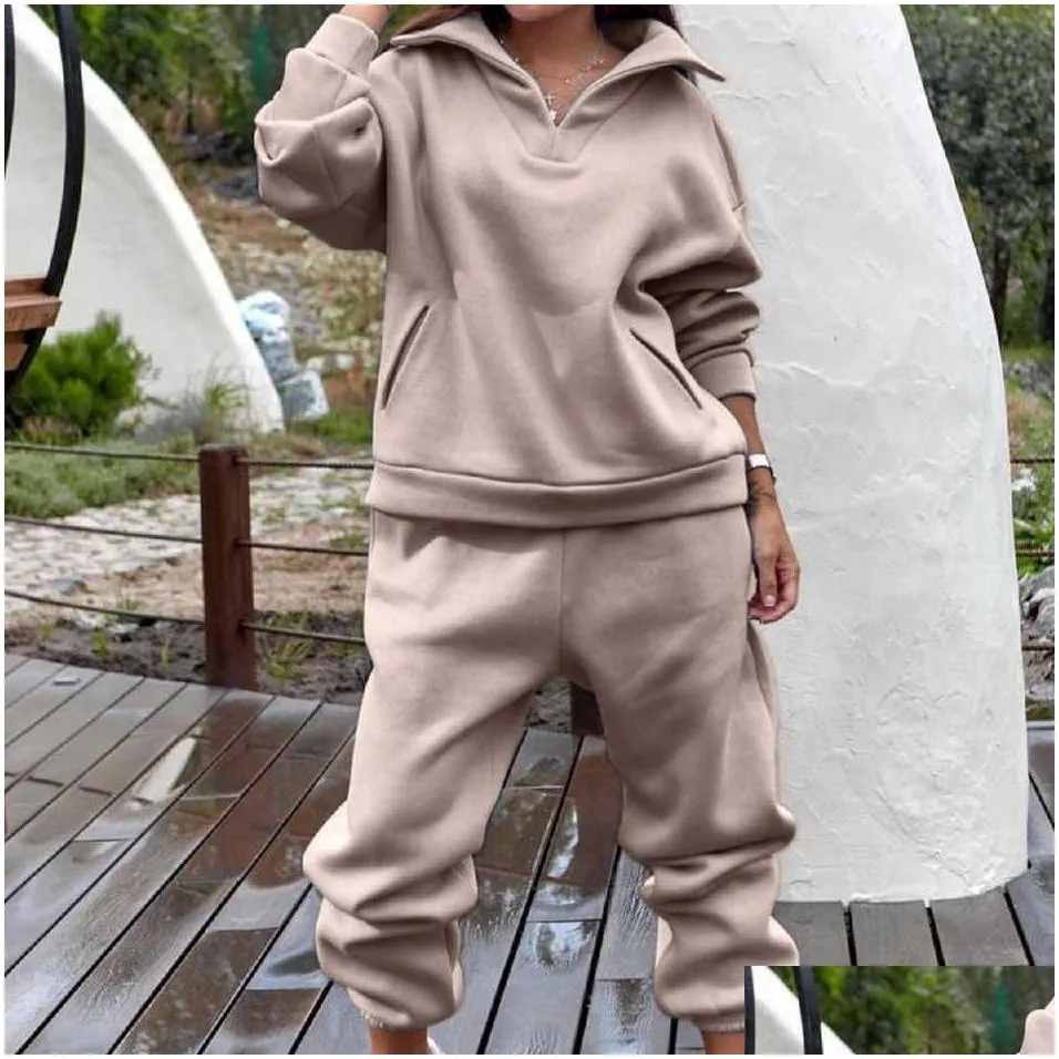 Kvinnor Tracksuits set plus ulltröja tvådelar hösten och vinter casual trafine fasta sportkläder byxor p230531 droppleverans appare dhsdt