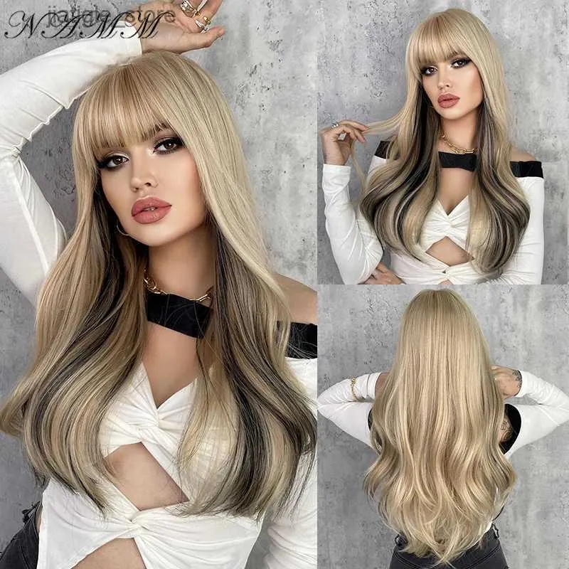 Perruques synthétiques NAMM Wigs synthétiques avec frange Blonde + Black Highlight Color Femmes Long Wavy Wigs Cosplay Fake Hair Natural Heat résistant Wig Y240401