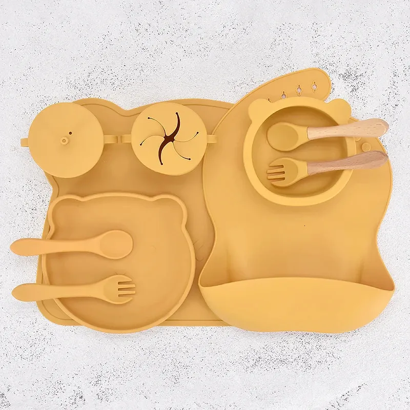 Ensemble d'alimentation en silicone pour bébé Gobelet avec pailles Napperon Vaisselle pour enfants Assiettes d'aspiration antidérapantes Bol Plats pour bébé Baby Stu 240322