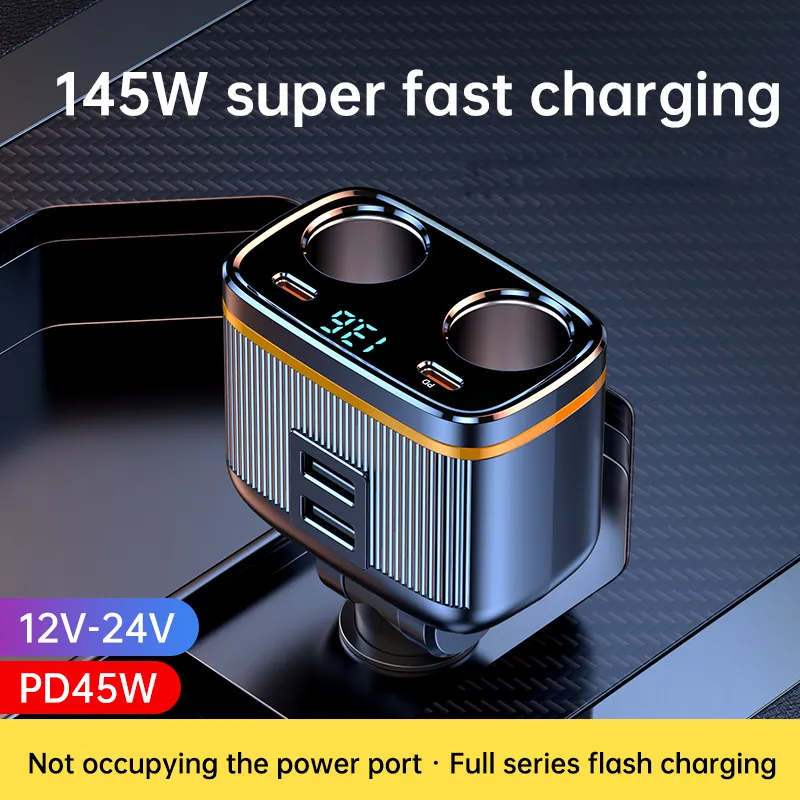 C27 145W High Power Flash Charging Car Charger 1 to 6 PD 45W Flexible Retractable Car Fast Charger USB Type C Cigarette Lighter Adapter