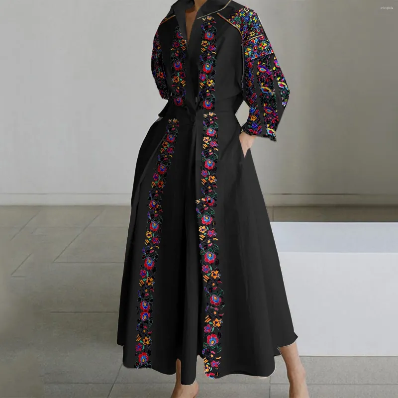 Casual Dresses Ladies Elegant Ethnic Style Long Shirt Dress Lapel Flower Print Pocket Button Stand Collar Sleeve Vintage Vestido