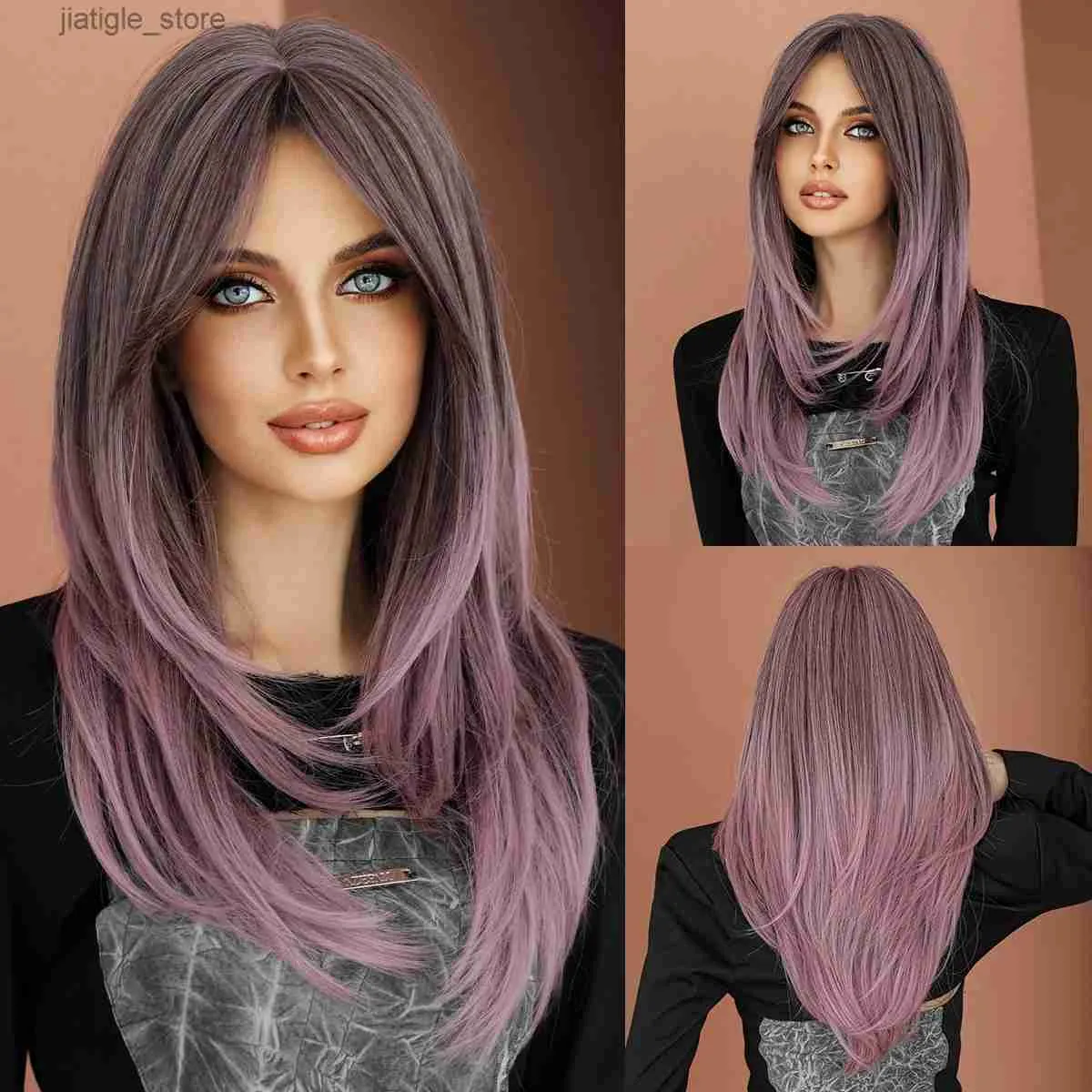 合成ウィッグnammピンク紫色のグラデントウィグ長い巻き巻きhai wig for womandaily cosplay合成ふわふわラベンダー合成ウィッグ耐熱性y240401