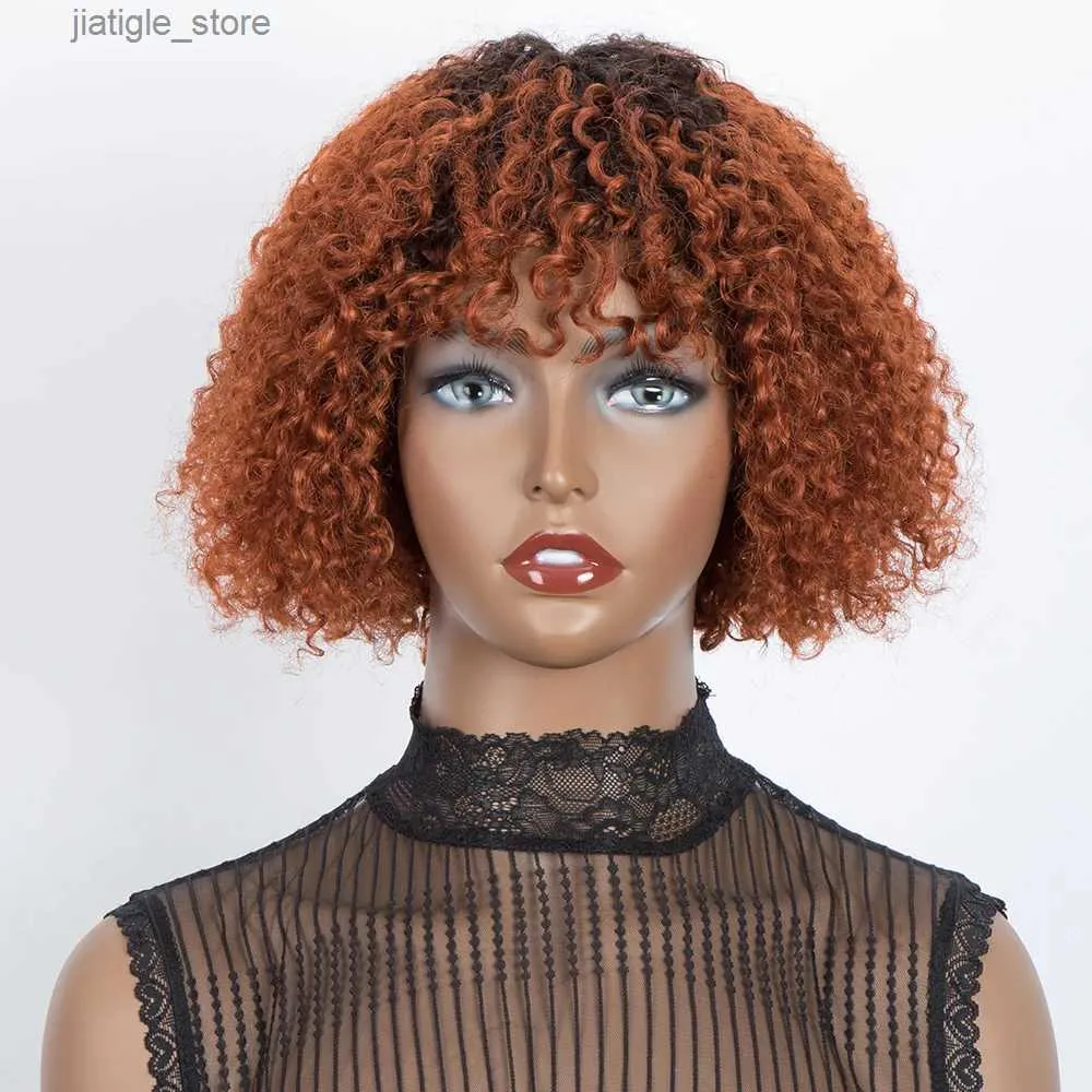 Les perruques synthétiques mettent en évidence le miel brun bouclé courte courte courte avec une frange perruque de franges noires glunables 3a 3c Jerry Curly Bob Wigs pour les femmes Y240401