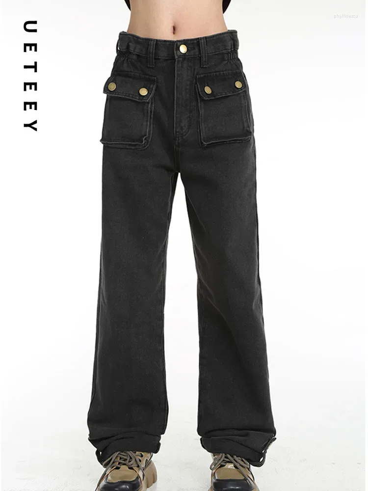 Damen Jeans UETEEY Schwarz hoch taillierte weites Bein Baggy Hose Streetwear Hose Y2k 2024 Boyfriend Loose Denim Straight