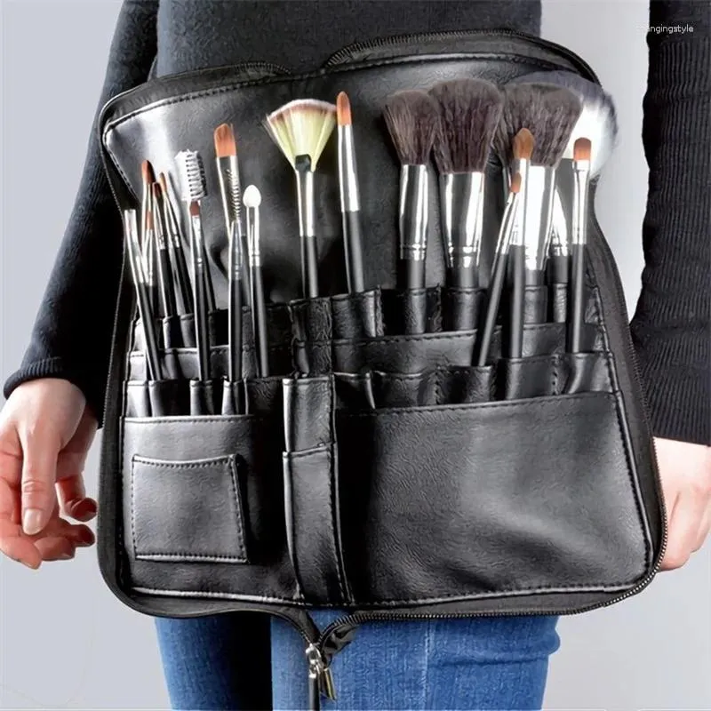 Sacs à cosmétiques multifonctions de grande capacité, sac en PU noir, brosse de maquillage de taille avec ceinture pour artiste professionnel