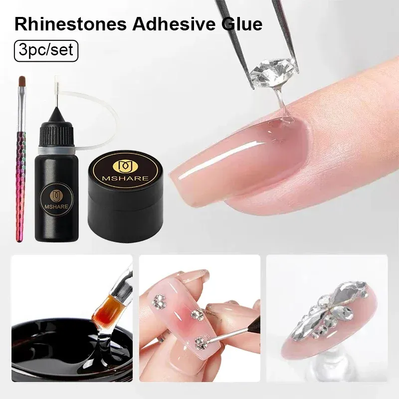 Kits Mshare Rigiane Gel Colle Adhesive Nail Art No essuir Super Sticky Crystal Gems Bijoux Decoration UV Ruin à ongles UV 3PC avec pinceau