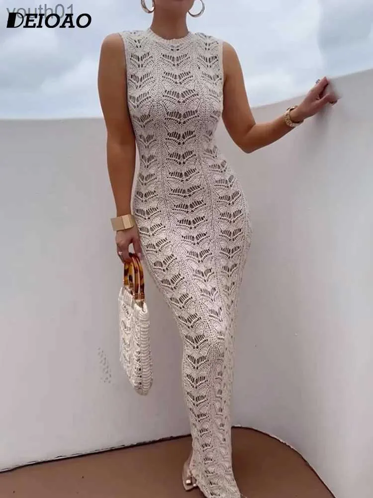 Basic Casual Dresses Deioao Summer Knitted O-neck Women Sleeveless Dress Sexy Bodycon Solid Strip Long Fashion Office For 2023 yq240402