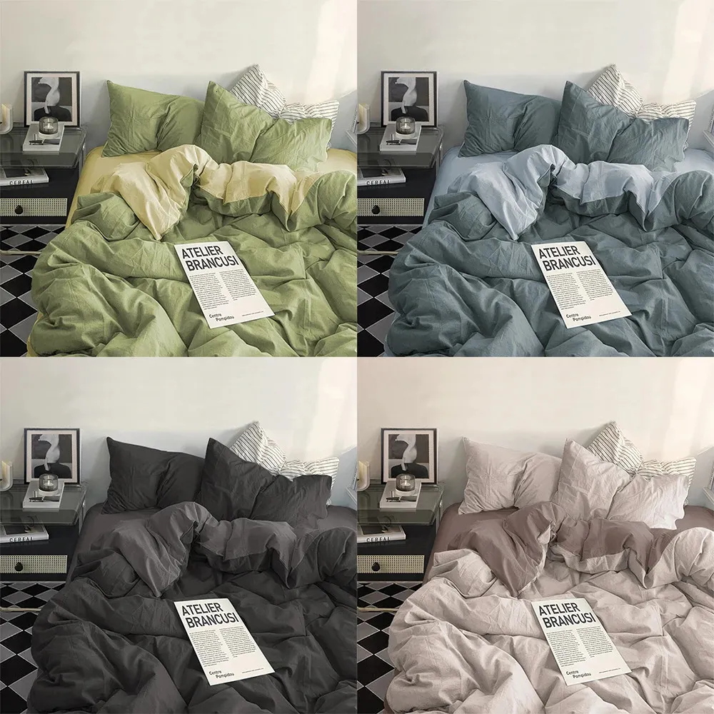 Yanyangtian säng linnor sängkläder set tvättad bomulls fyrstycke ark set komfort set med solid julpar täcke täckning 240329