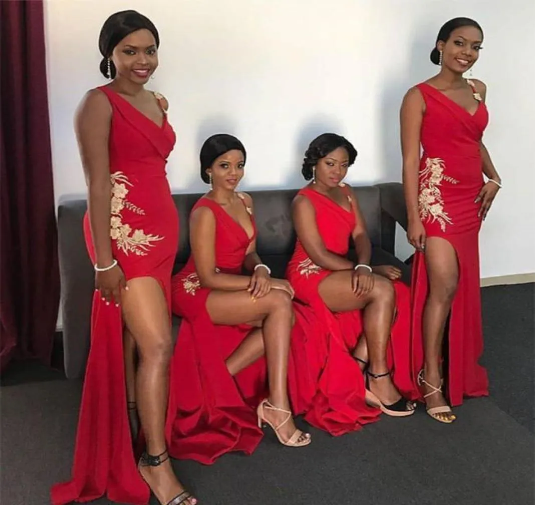 Sexig Vneck Red Bridesmaid Dresses High Slit Appliques Elastic Satin Long Maid of Honor Party Dresses Robe de Soiree59824065095309