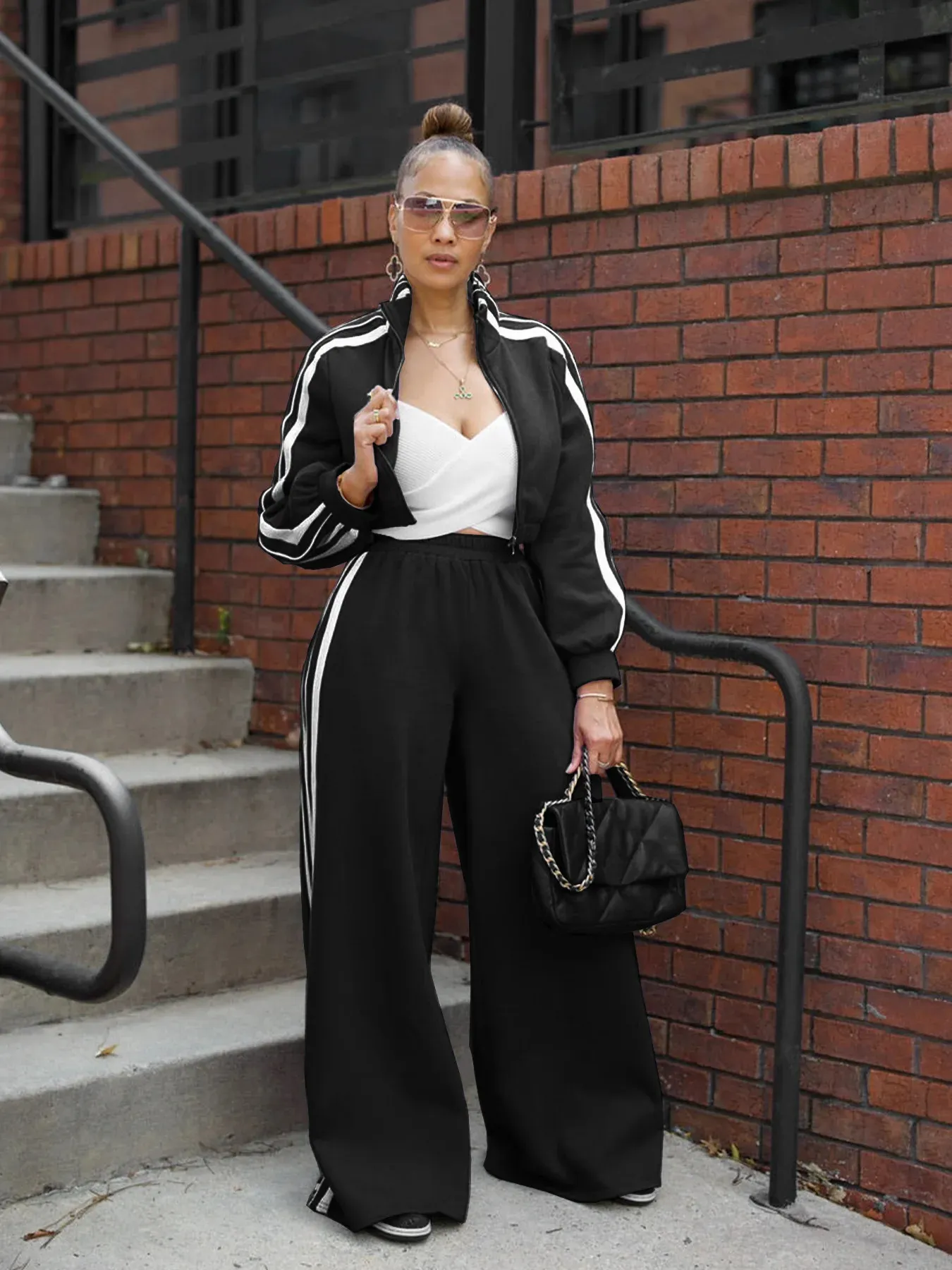 Womens Casual Zip Up Tracksuit Set, High Waist Wide Leg | DHgate