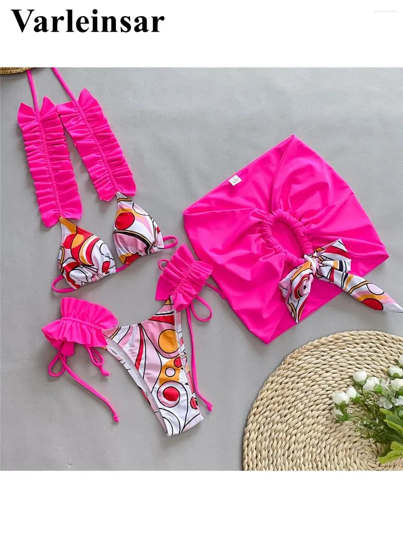 Dames Badmode Gedrukt Ruches Ruches Met Rok Bikini Vrouwelijk Badpak Vrouwen Driedelige Set Bader Badpak Zwemmen V5231