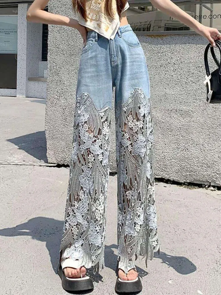 Moda elegante jeans para mulheres cintura alta rendas patchworl oco para fora irregular pantalones de mujer casual solto todos os jogos calças 66