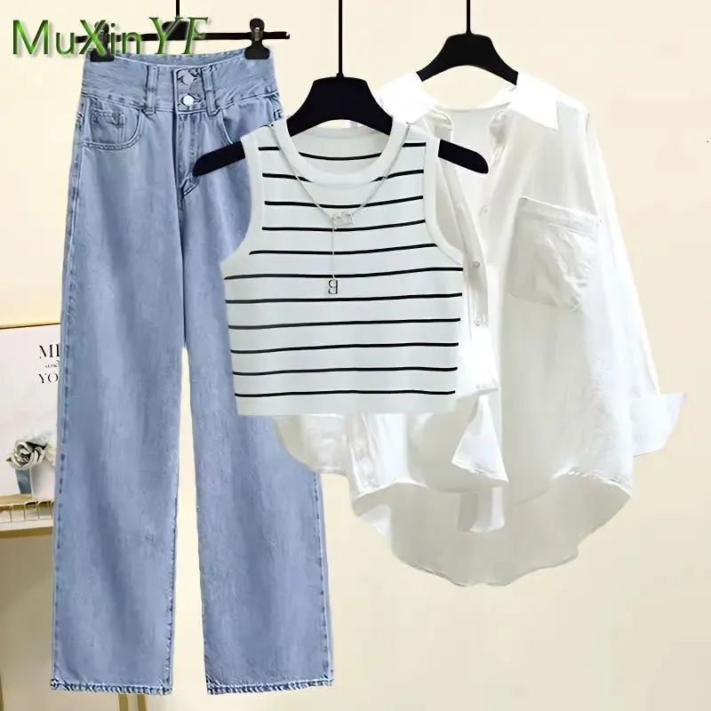 Kobiety Summer Casual Denim Szerokie nogi Paski Zestaw Koreańskie Eleganckie Koszulę Koszulki Topjeans Trzy garnitur 240326