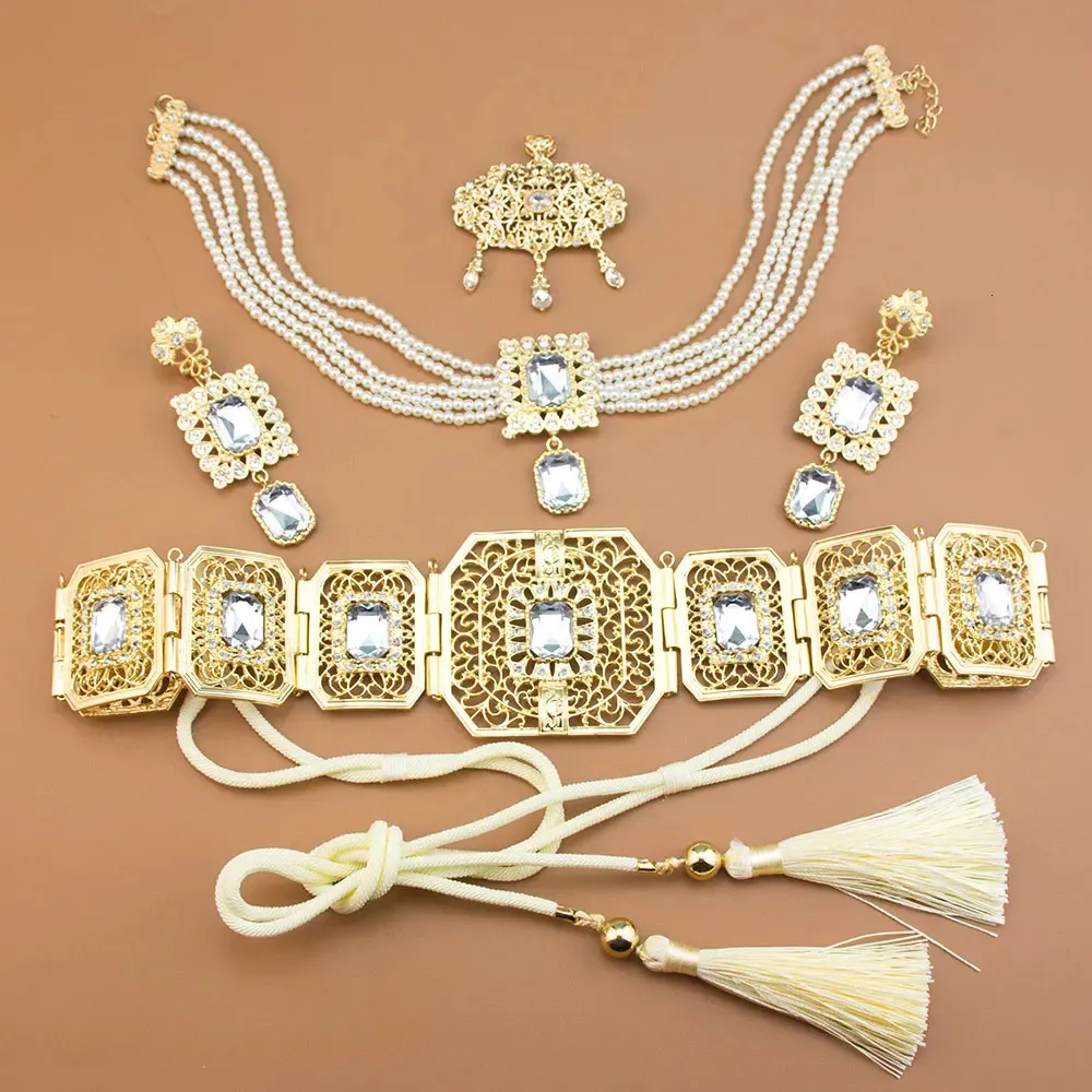 Sunspicems Gold Color Moroccan Bridal Jewelry Sets Arab Crystal Caftan Rope Belt Bead Chain Choker Necklace Long Earring Brooch 240315