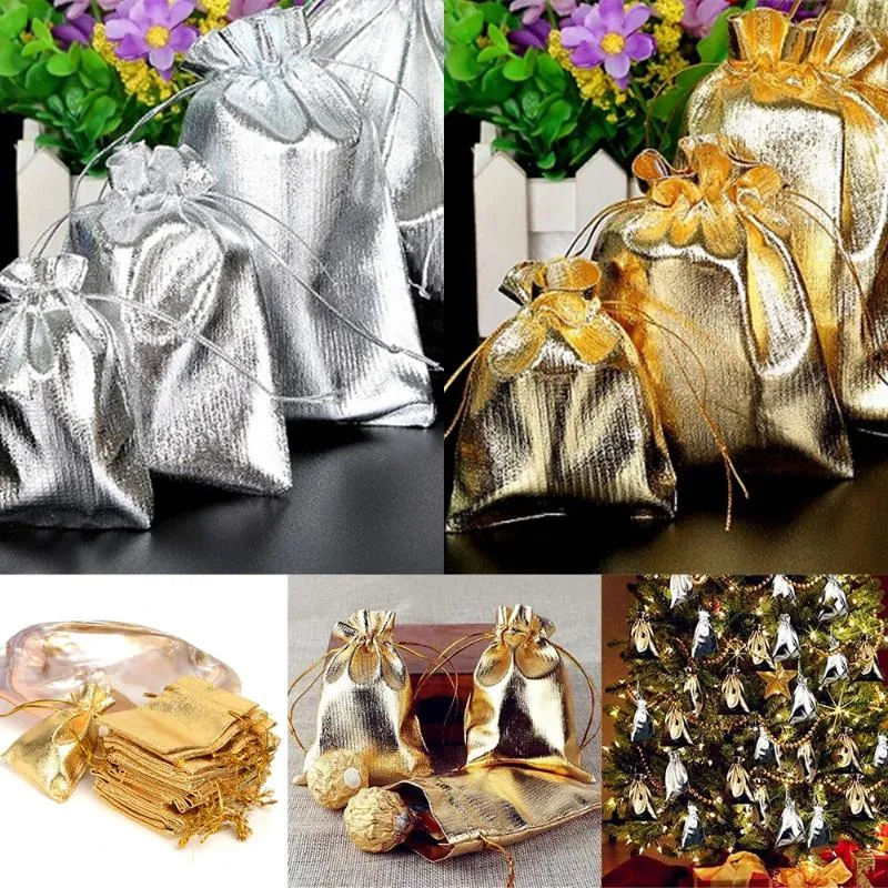 Geschenkpapier, 50 Stück, 5 x 7 cm, 7 x 9 cm, 9 x 12 cm, Metallfolie, Schmuckverpackung, Silber/Gold-Farbe, Kordelzug, Hochzeit, Süßigkeitenbeutel, Beutel